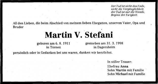 Stefani Martin 1911-1998 Todesanzeige